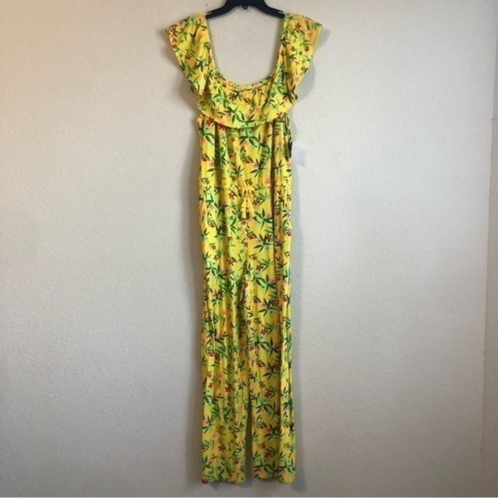 Arizona Jumpsuit Yellow Tropical Floral Ruffle Top Tassel Tie Waist Pockets NWT